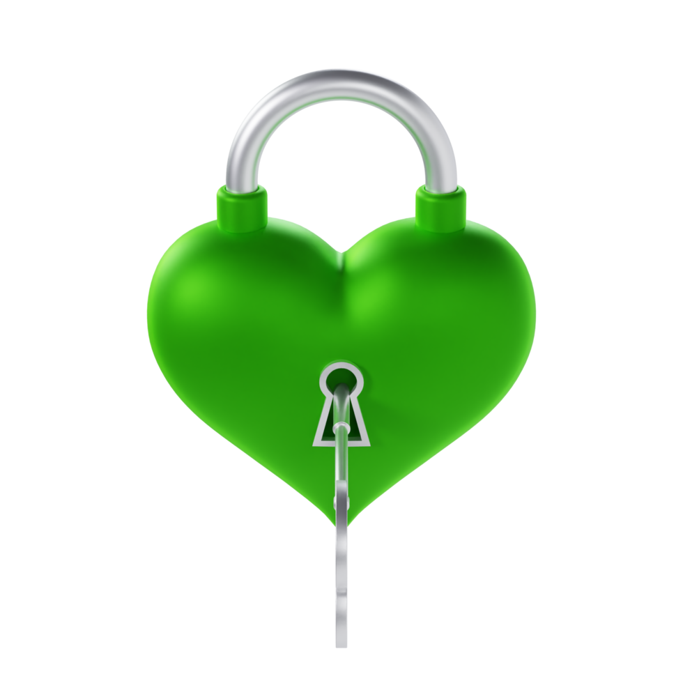 Green Valentine Lock with a Key - Medium High View at Side Angle 90 Degrees png