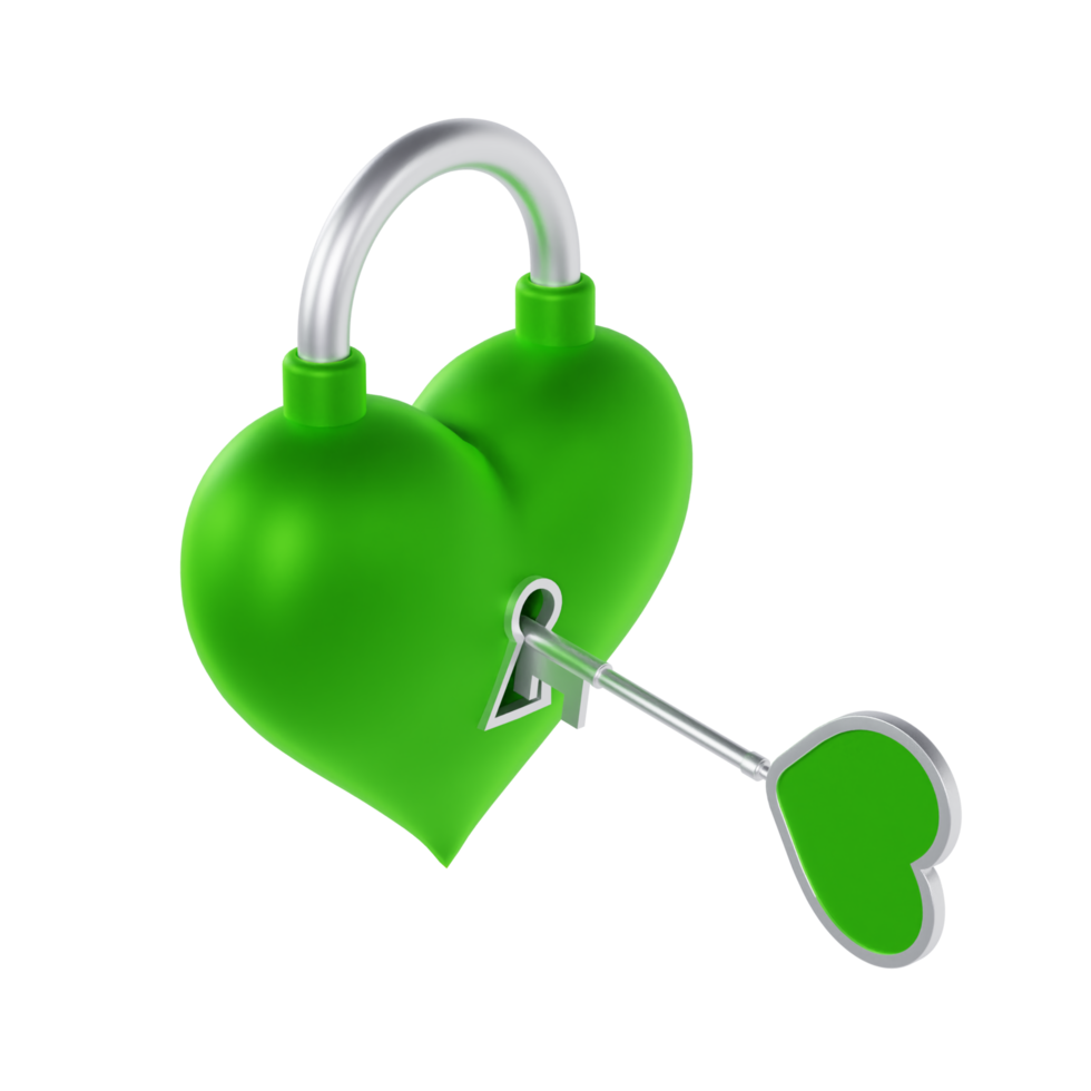 Green Valentine Lock with a Key - Medium High View at 45 Degrees png