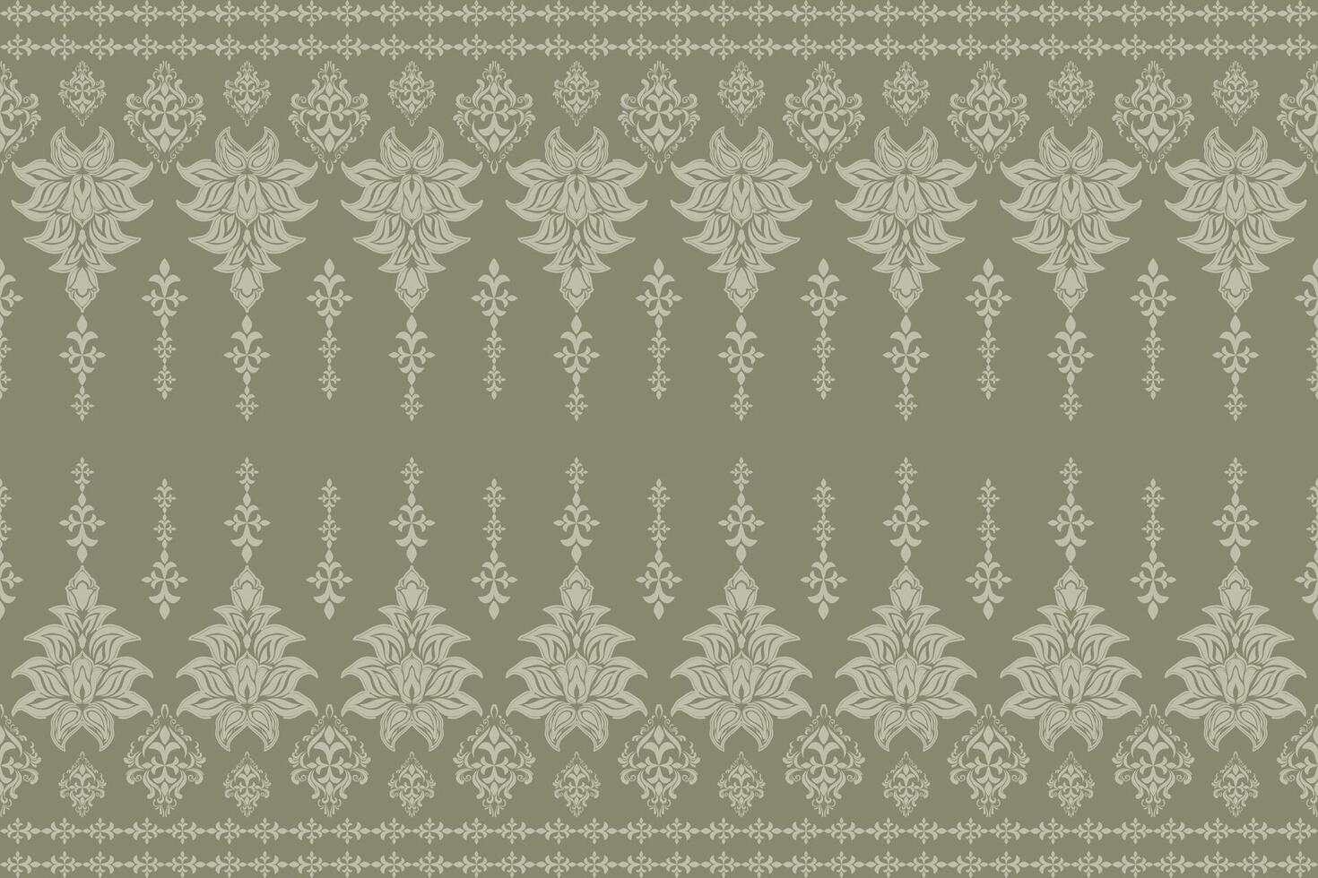 A seamless damask border pattern featuring intricate floral motifs and classical columns. The soft blue-green background and cream-colored design create an elegant and timeless aesthetic. vector