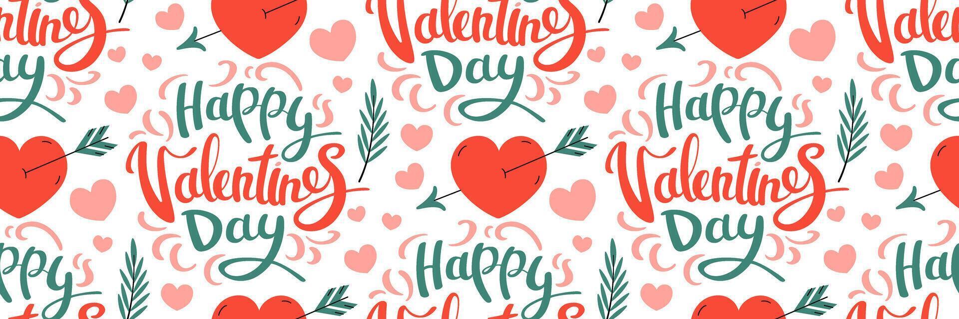 Valentine's Day pattern with hearts and lettering. Red heart with arrow. Cute flying arrow symbol Cupid. Red romantic Background. For packaging, wallpaper. flat illustration. vector