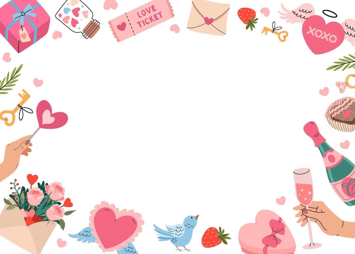Happy Valentine's Day frame with romantic elements. Heart with wings, envelope flowers, champagne, chocolate, gift and valentine heart. Horizontal invitation background A4 format. illustration. vector