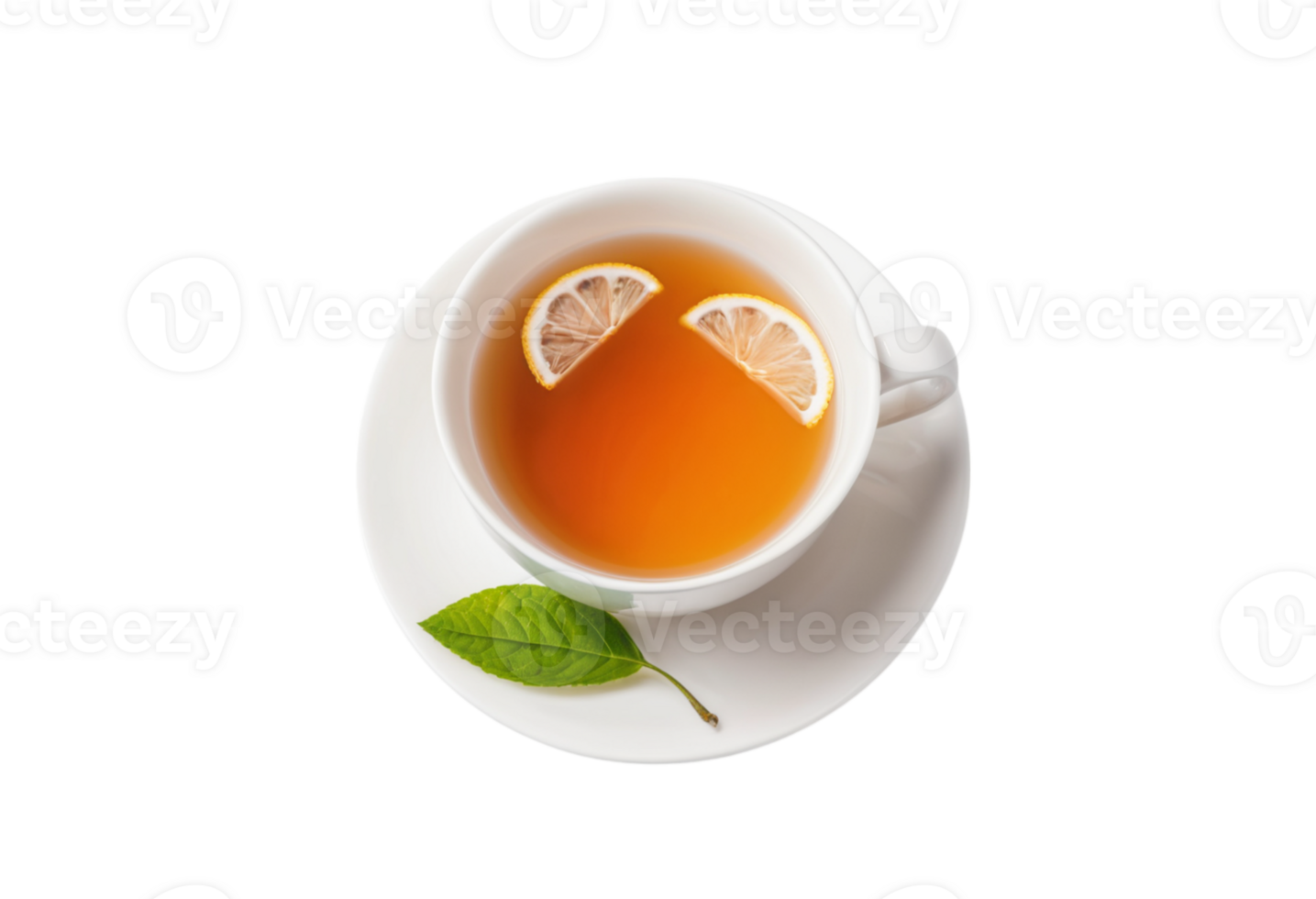 A cup of tea with lemon slices and a leaf png