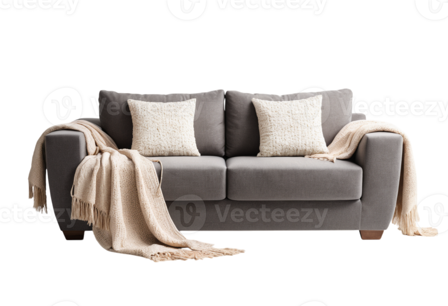A gray couch with a blanket on it png