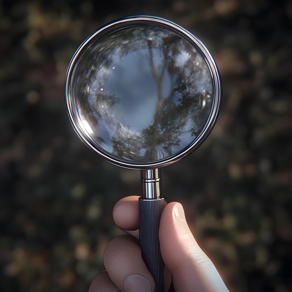 Hand holding magnifying glass photo