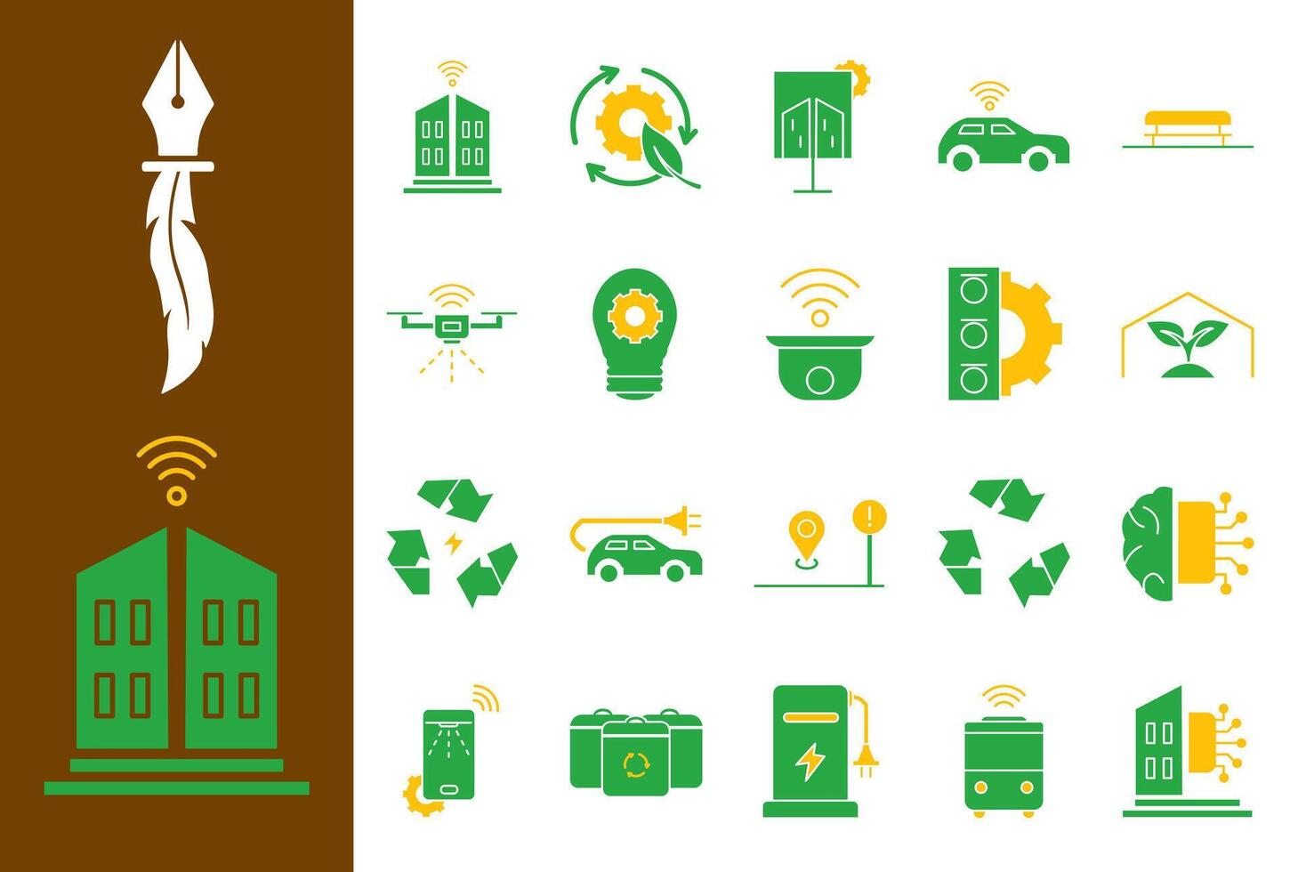 Smart City icon set designed in a futuristic and minimalist style, with green and yellow colors, ideal for urban technology, sustainability, and digital innovation. vector
