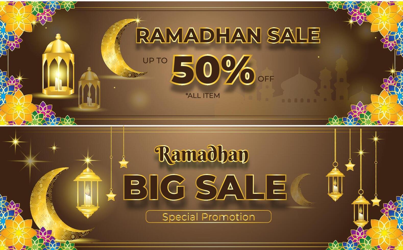 Banner Ramadhan Big Sale colorful flower ornament brown background vector