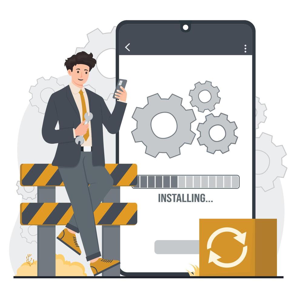 System repair, under maintenance concept, and error handling for software update developers vector