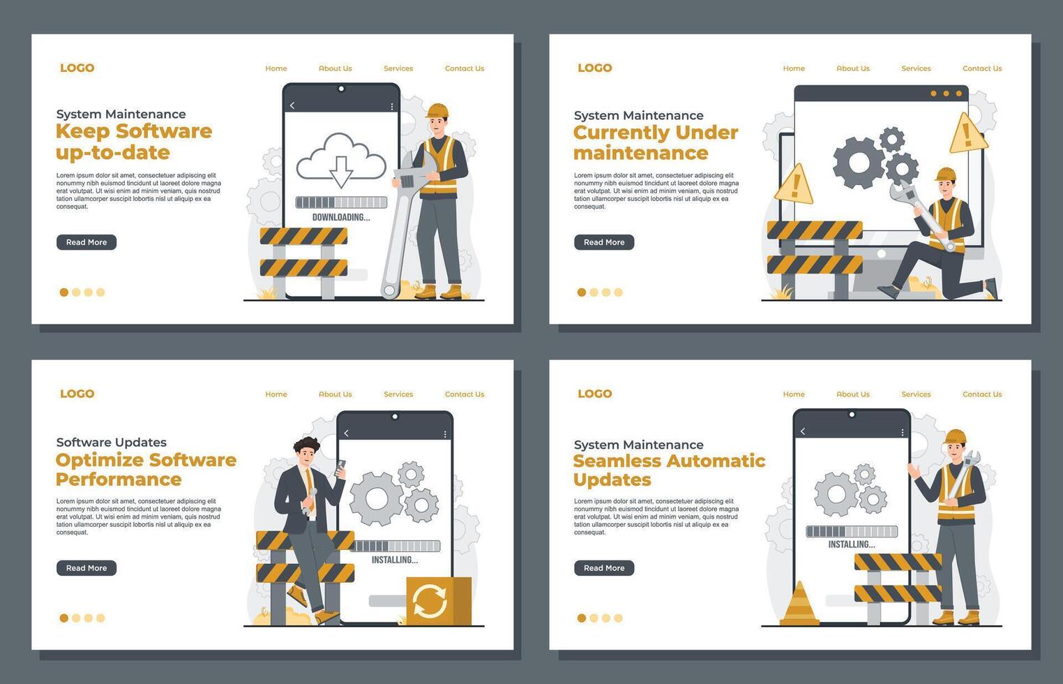 system repair, under maintenance, and error 404 for software Set Landing page template for website and mobile development. vector
