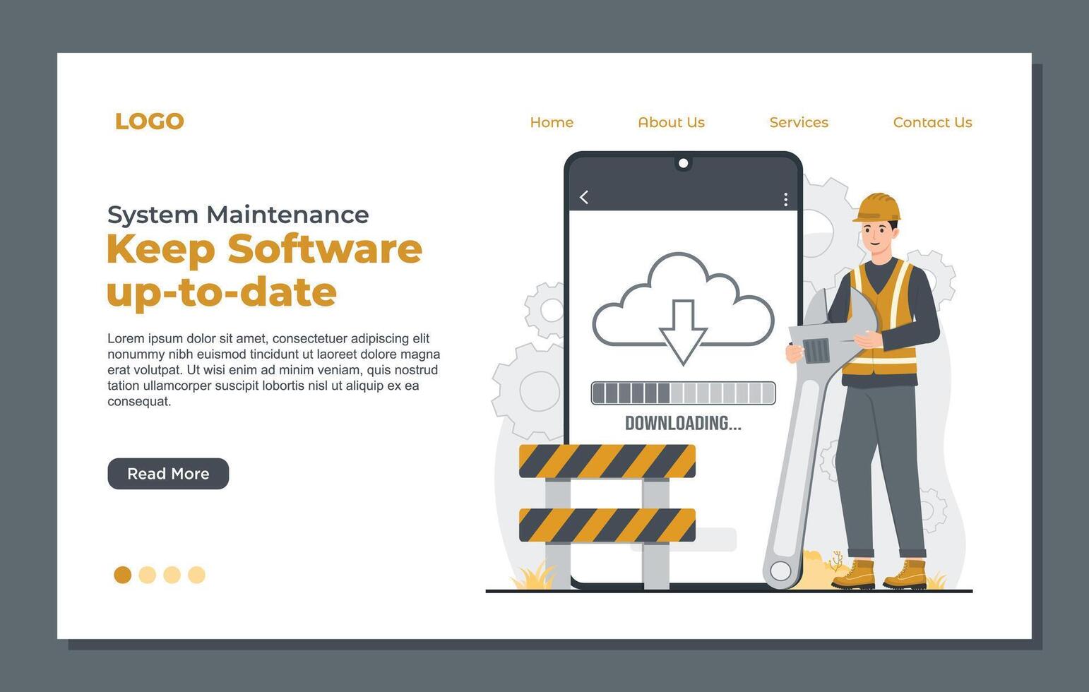 system repair, under maintenance, and error 404 for software Web page design template of technical support. Landing page template. vector