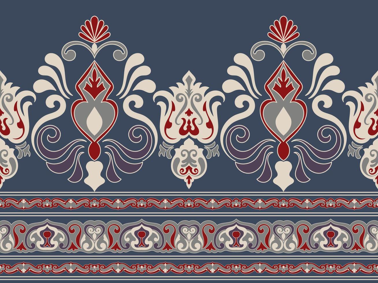 Damask pattern Ikat floral pattern on dark blue background. illustration of ethnic Ikat pattern. Aztec style. Hand drawn. Baroque embroidery. Design for texture, fabric, clothing, decoration vector