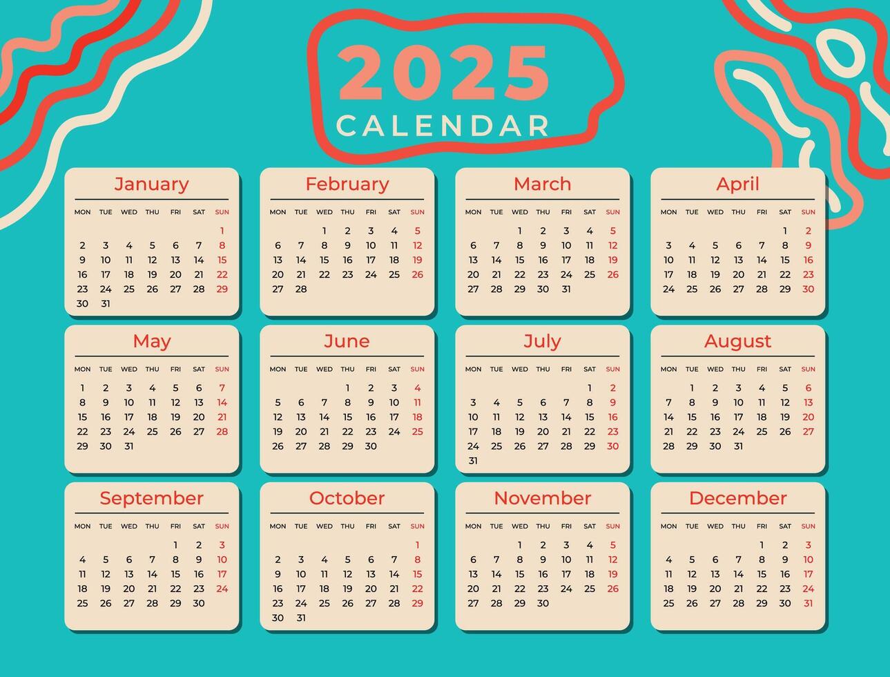 Calendar 2025 Pastel Asbtract vector