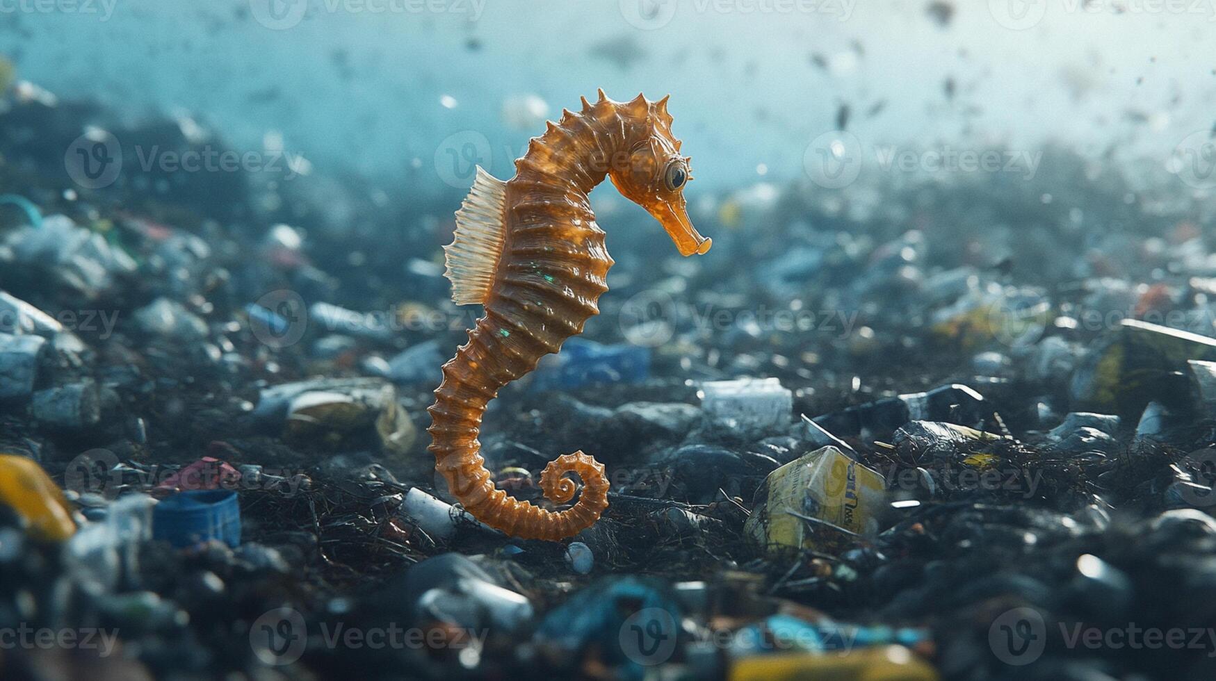 A Lonely Seahorse Swimming Amidst Ocean Pollution A Reminder of Environmental Impact and Marine Life Vulnerability photo