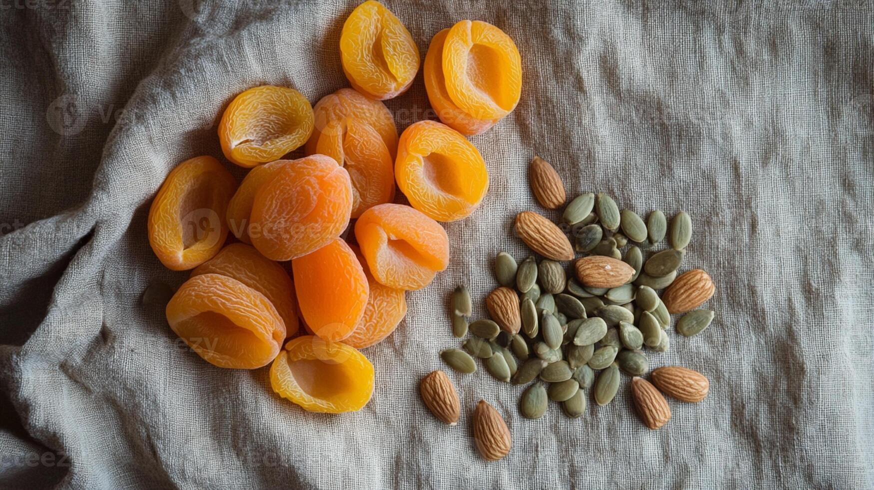 Elegant Flat Lay Composition of Dried Apricots, Almonds, and Pumpkin Seeds for Healthy Snack Ideas and Recipe Inspiration photo