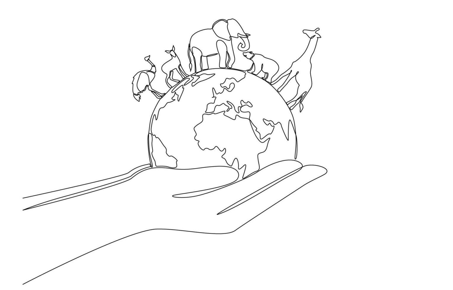 Continuous one line drawing of two hands holding globe with various animals, environmental care, protection of wild animals concept, single line art vector
