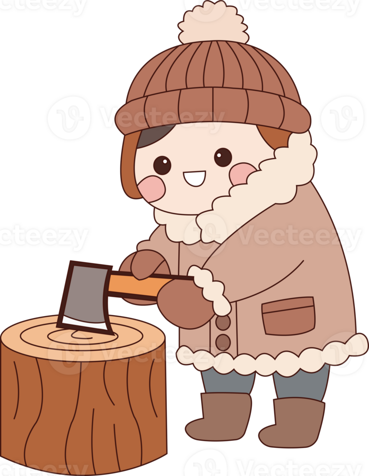 a cartoon boy using an ax to chop firewood png
