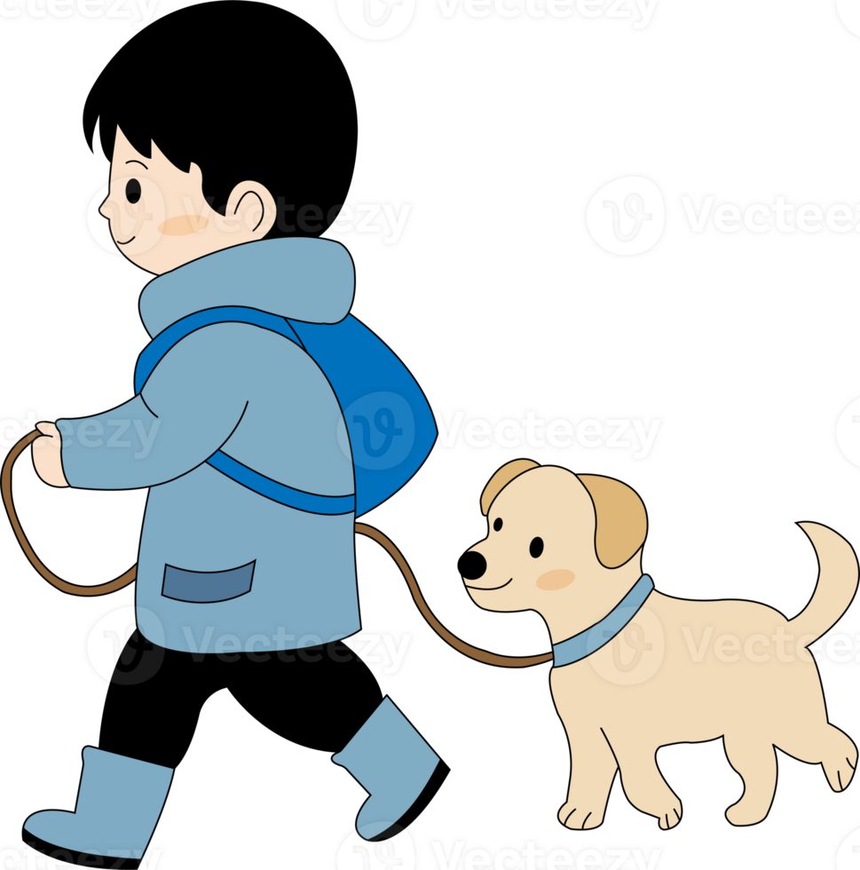 clipart cartoon boy walking dog outdoor in winter png