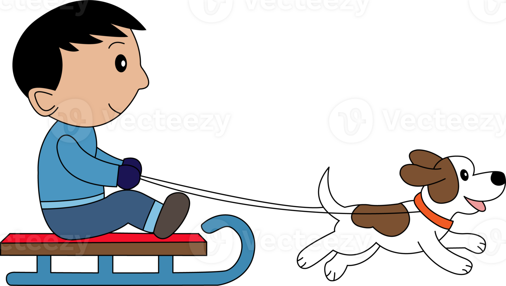 boy riding a sled with a dog clipart png