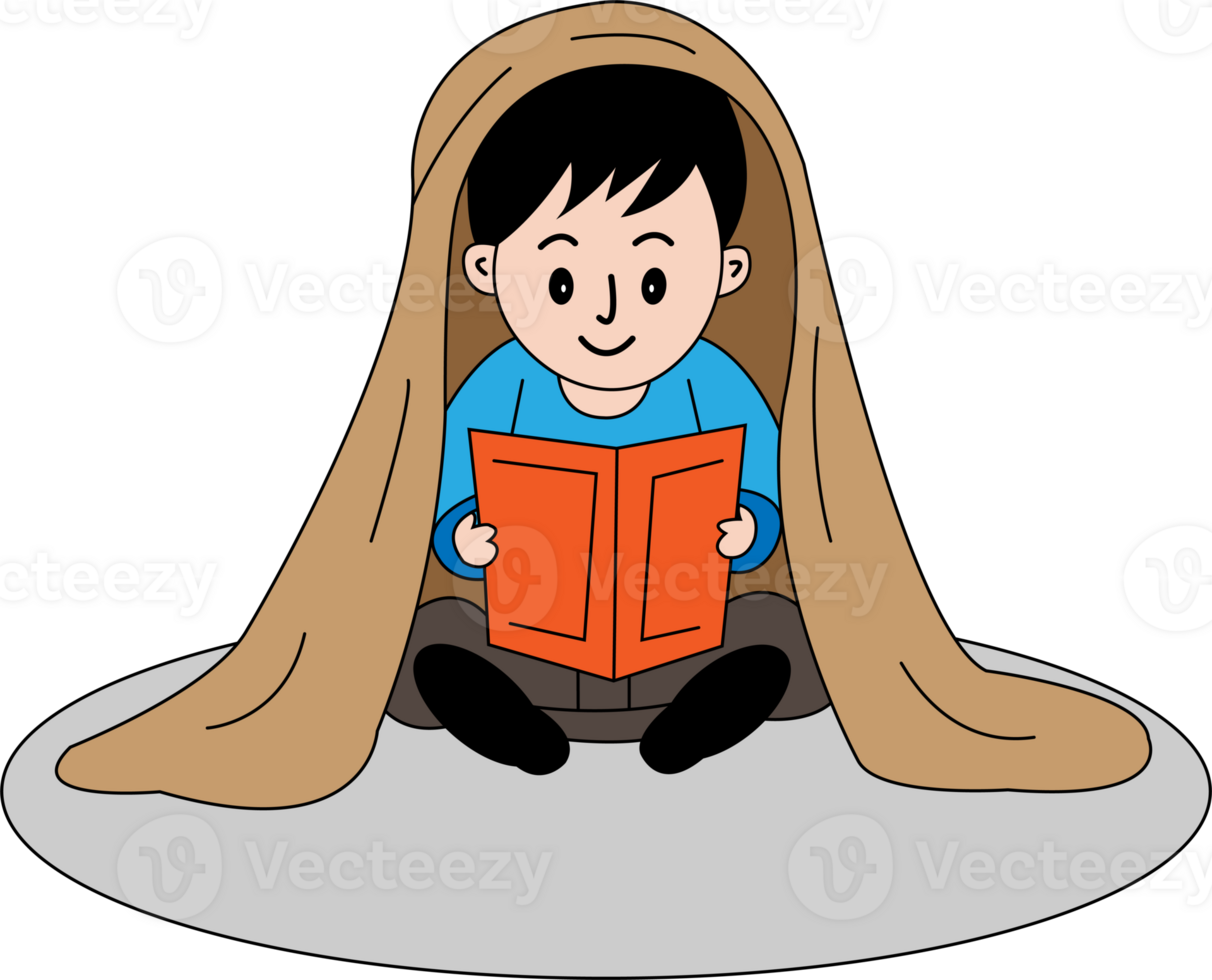 boy reading book under blanket in winter clipart png