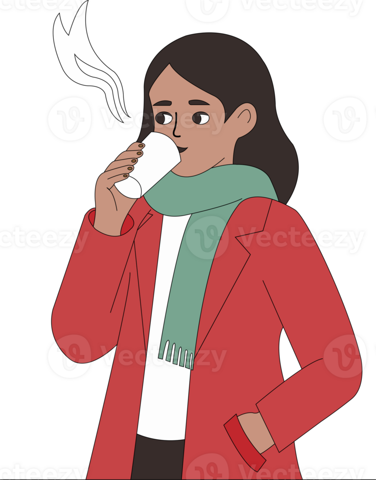 a woman drinking hot coffee on a transparent background png