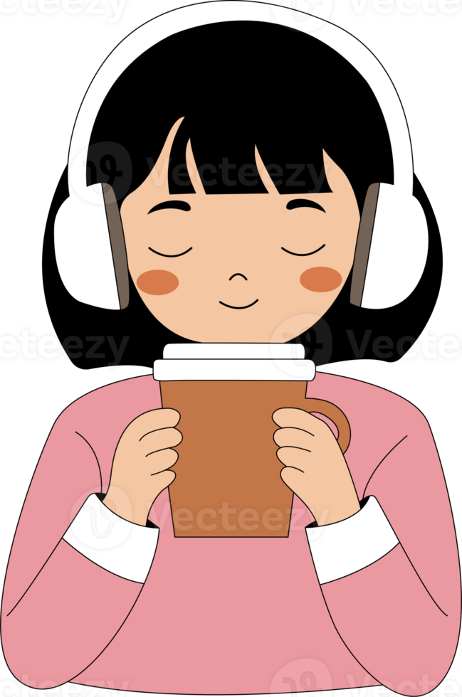 a girl with headphones and a cup of coffee png