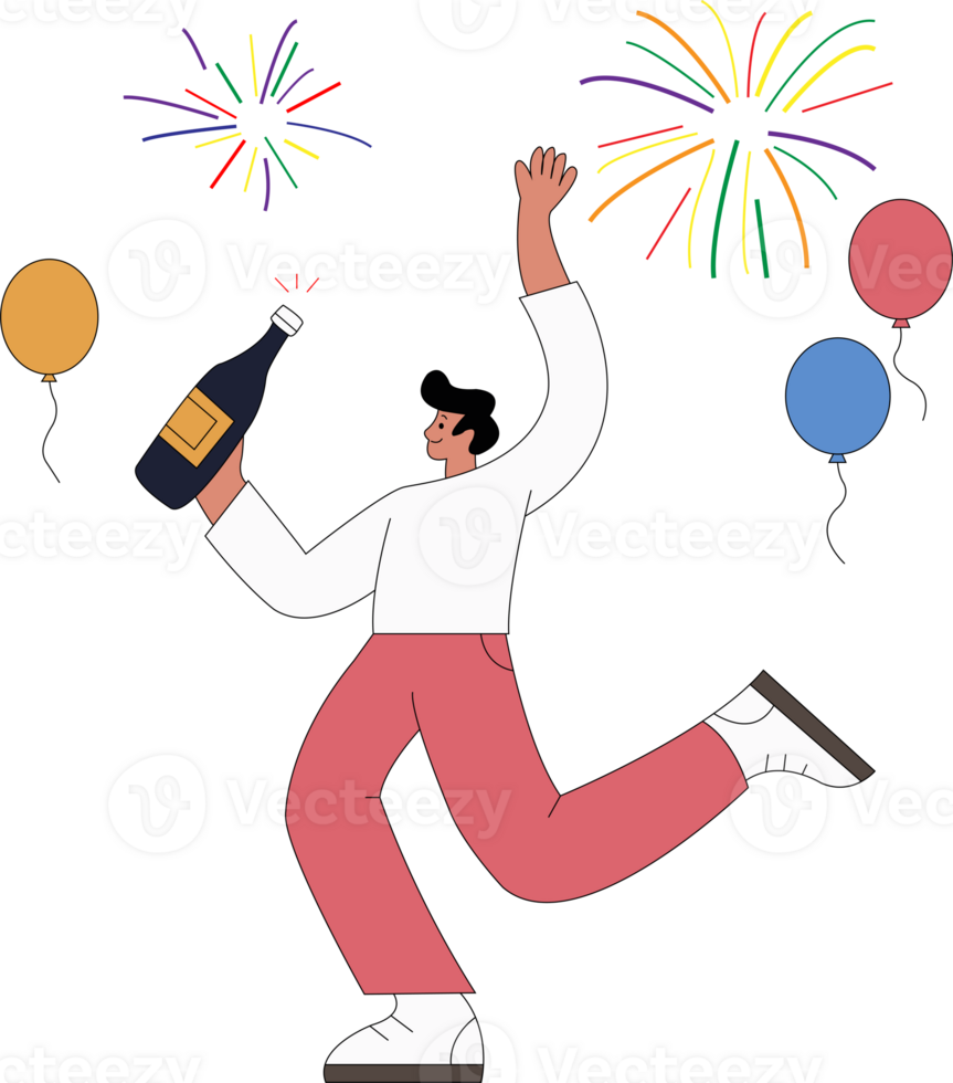 happy new year cartoon man with champagne bottle and fireworks png