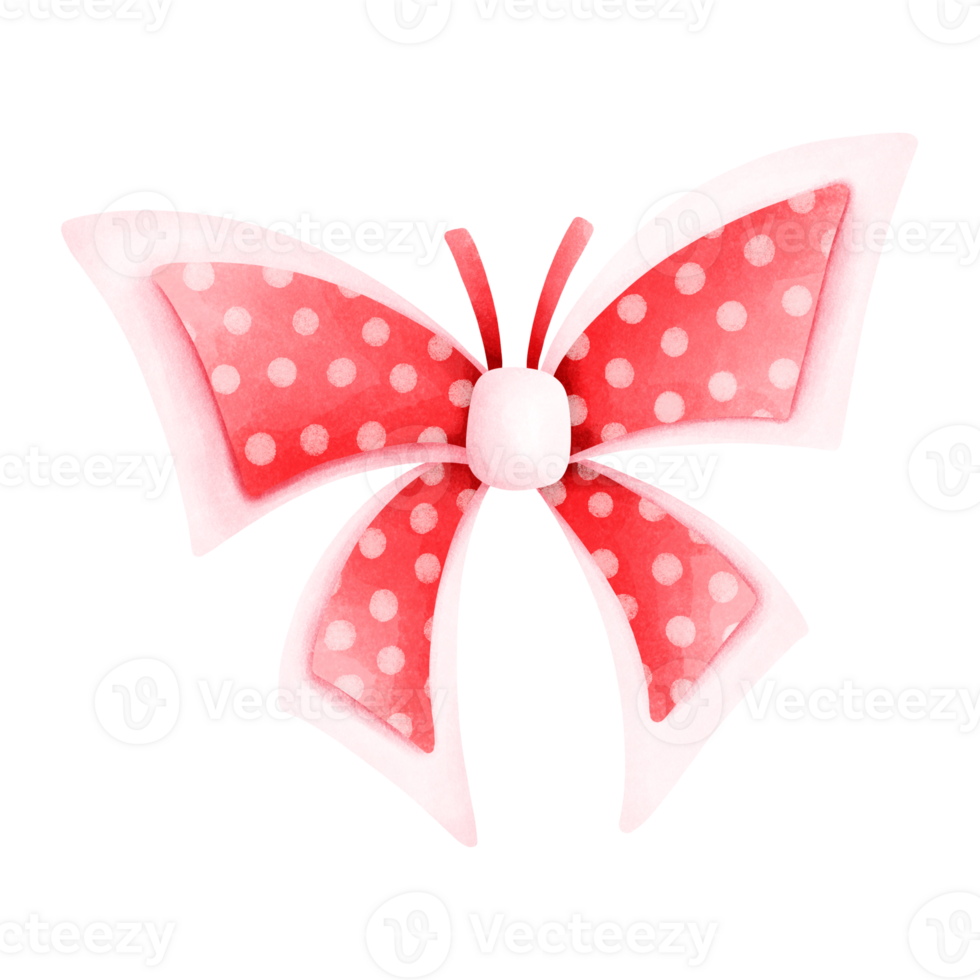 A watercolor painting of a red and white double-knotted bow, resembling a butterfly, with a white dot pattern on the inner layer. png