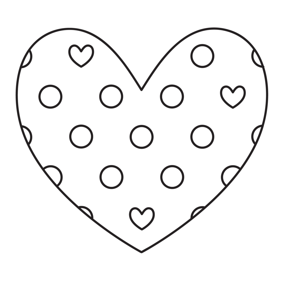 Transparent background outline of a heart with circles and small hearts all over the heart. png