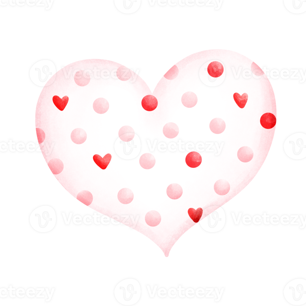 A soft red watercolor painting of a heart with alternating dots and small hearts inside. png