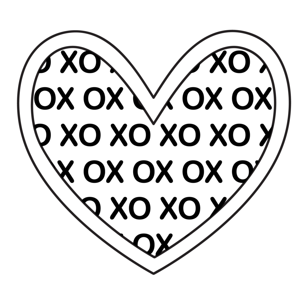 Transparent background outline of a heart with an XO pattern all over the heart. png