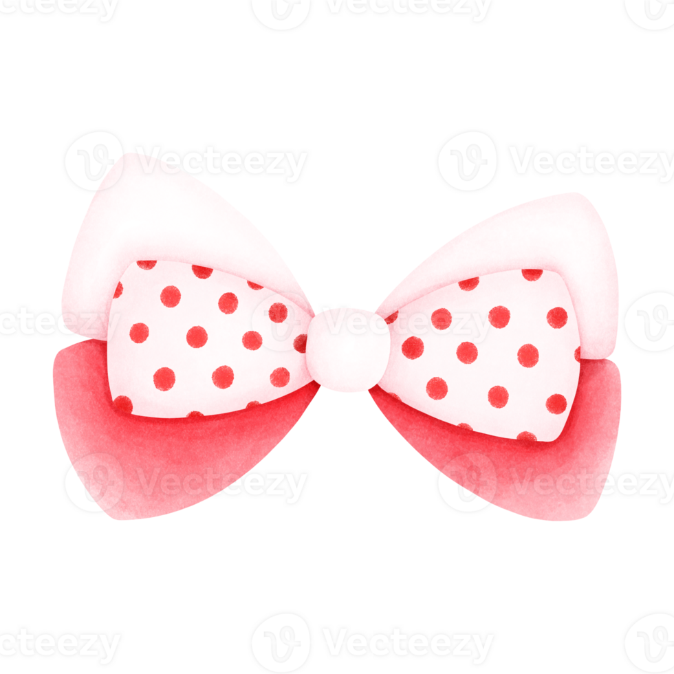 A watercolor painting of a bow tied in three layers of alternating white and red with a red dot pattern on the top layer. png