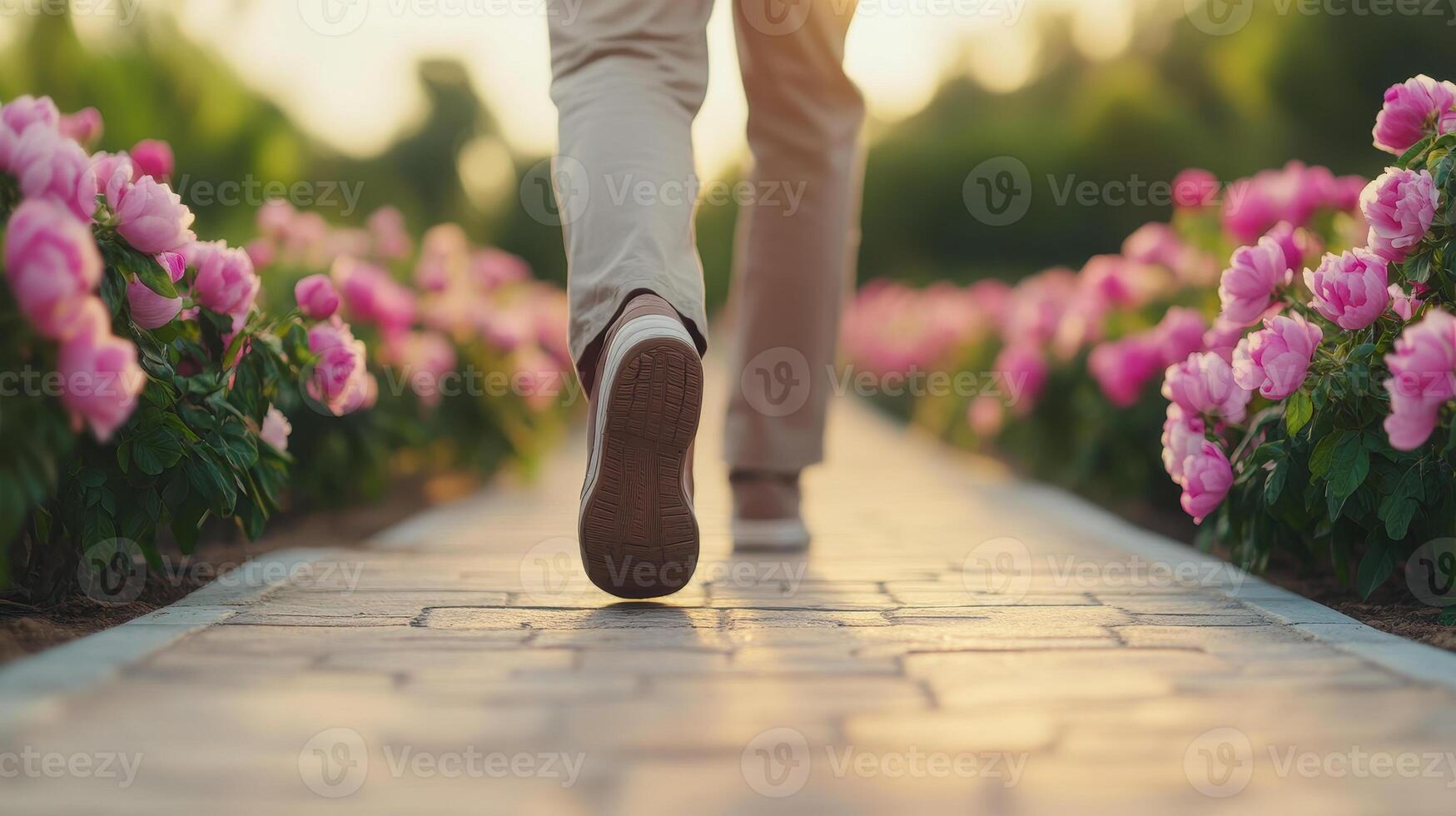 serene park pathway with blooming flowers, inviting peaceful stroll photo