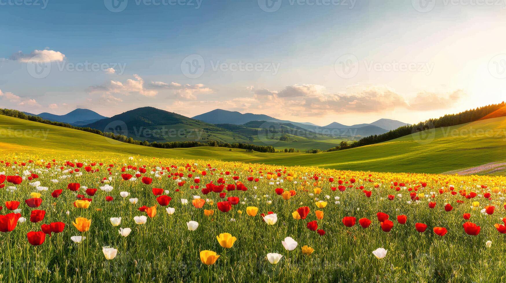 vibrant spring meadow with colorful flowers and rolling green hills, showcasing nature beauty and tranquility photo