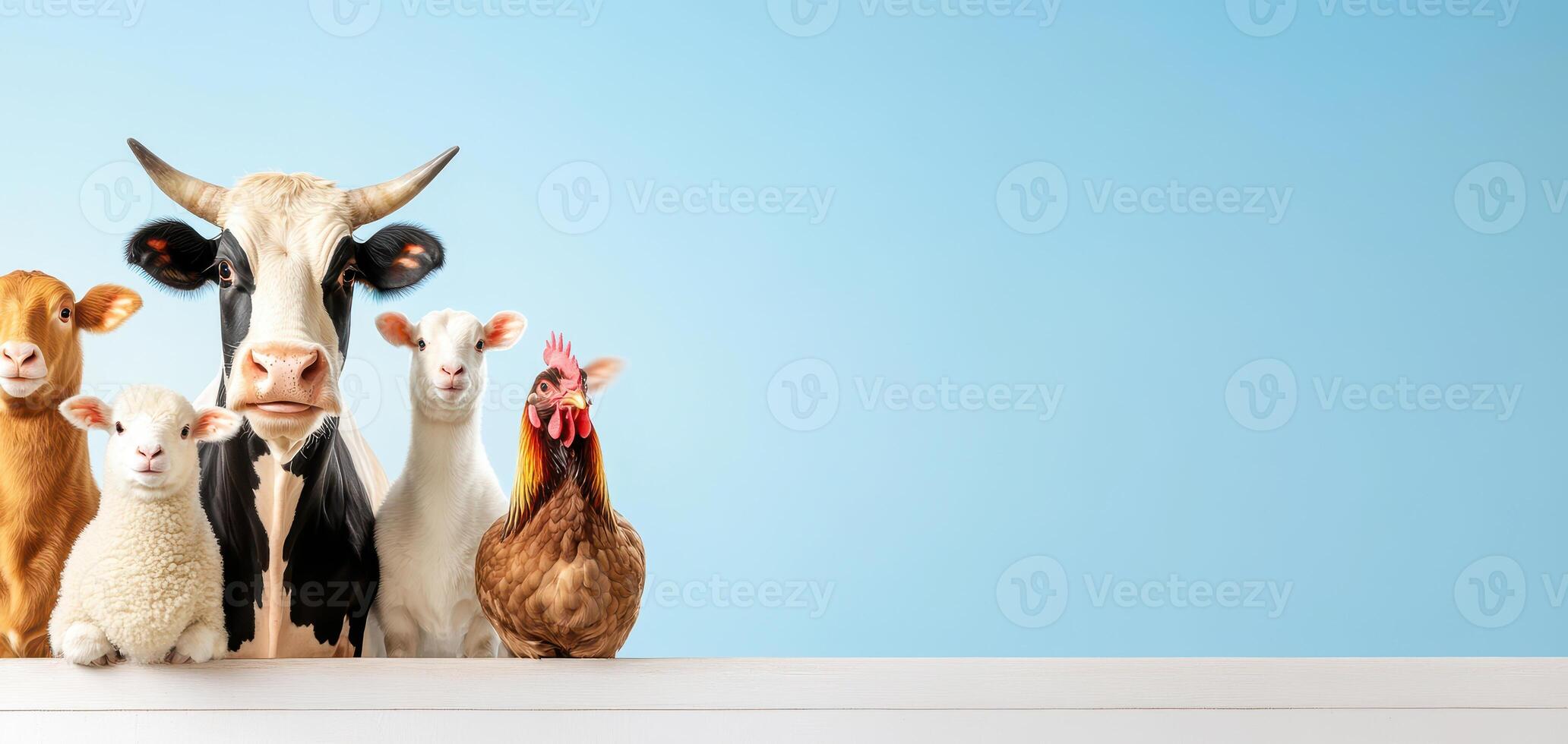 cheerful farm scene with cows, sheep, and chicken enjoying sunny day, perfect for World Animal Day photo