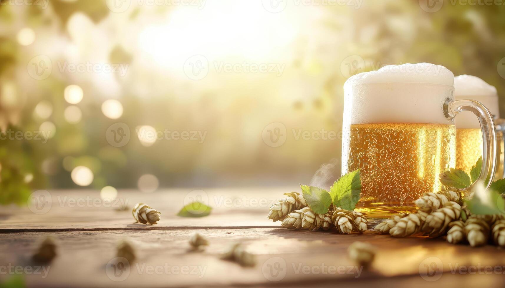 Refreshing frothy beer in glass mug, surrounded by hops and greenery, evokes warm, inviting atmosphere photo