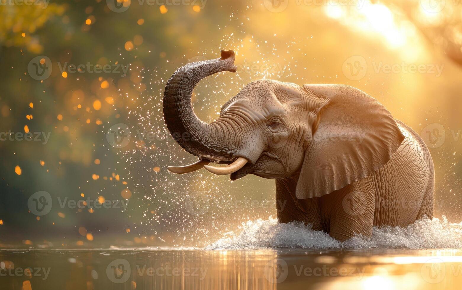 heartwarming moment of elephant splashing water in river, glowing natural light creates joyful and serene scene, perfect for World Animal Day photo