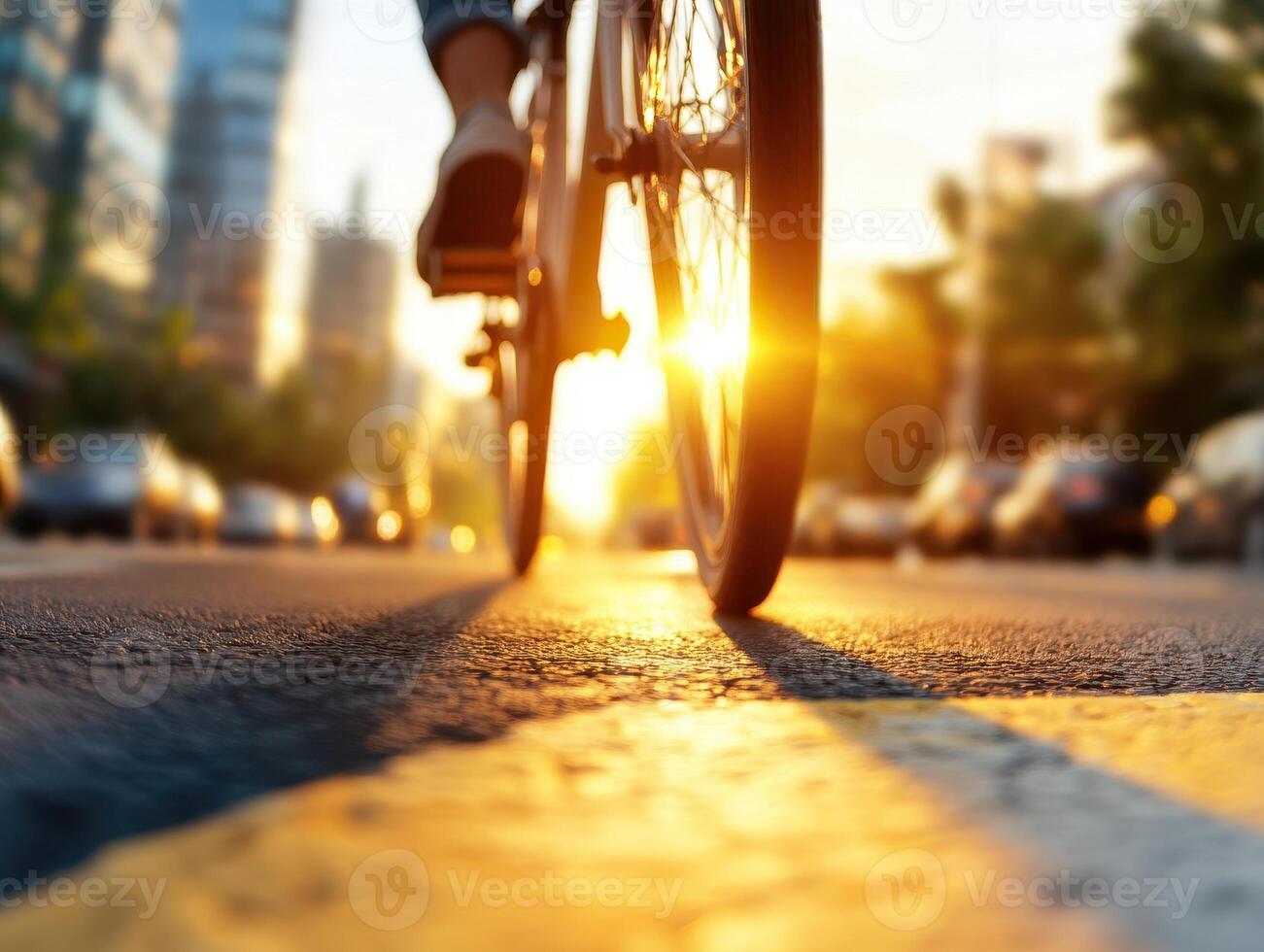 Sunset view of cyclist riding on city street, creating vibrant atmosphere. warm light enhances urban landscape photo