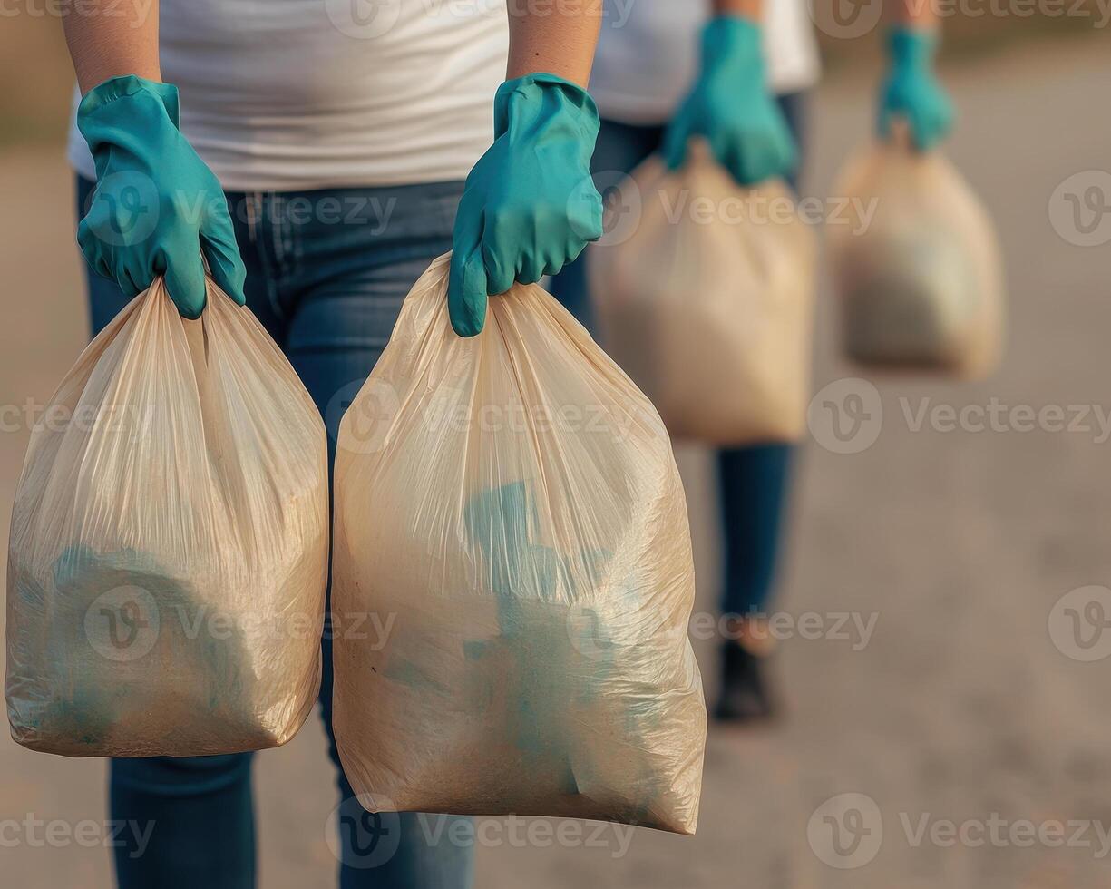 People participating in community cleanup, holding trash bags filled with waste. Their efforts promote environmental awareness and responsibility photo