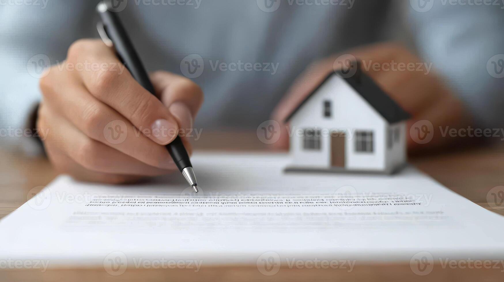 close up of hands signing property insurance document with model house nearby, symbolizing home ownership and security photo
