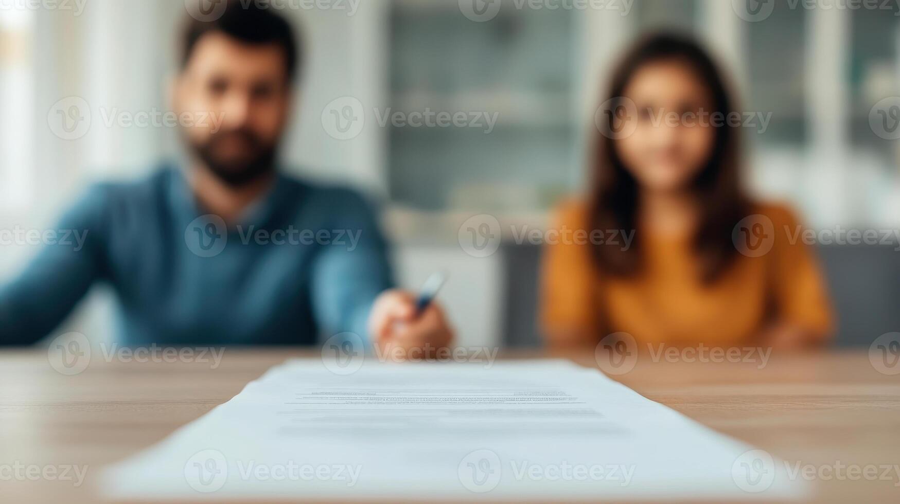 Couple reviewing financial safety plan together at table, focused on document. Their expressions show determination and collaboration photo