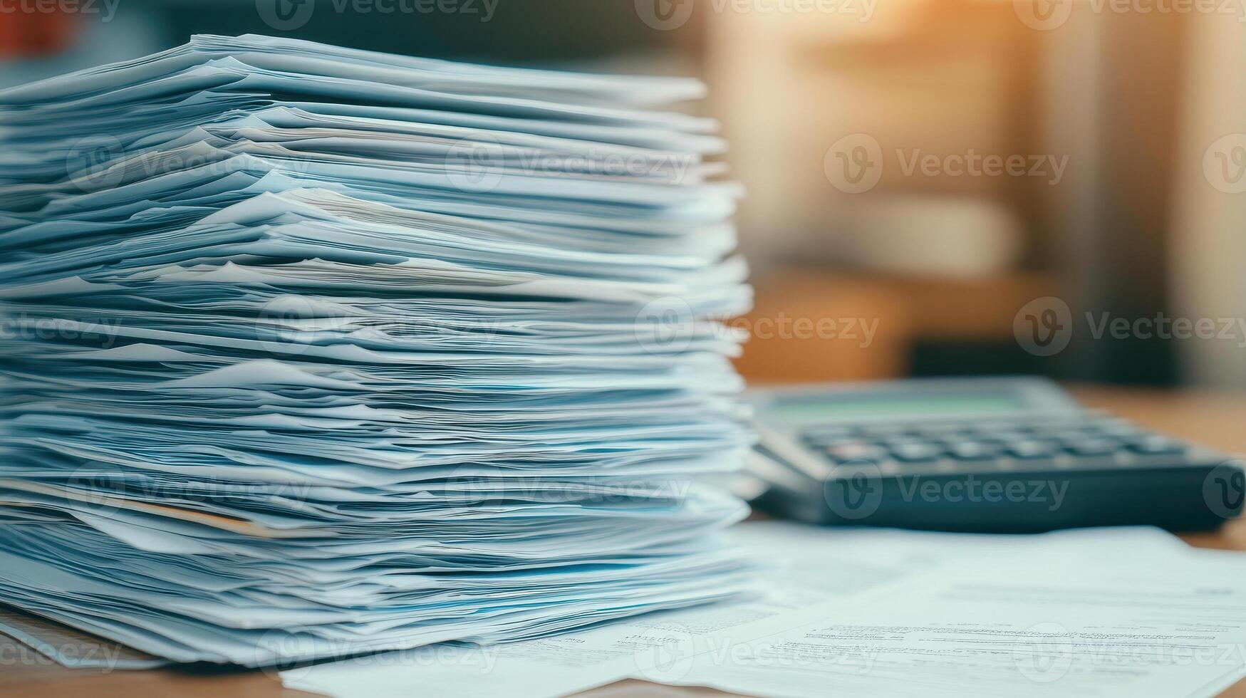 large stack of tax receipts and documents cluttered on desk, with calculator nearby, evokes sense of financial chaos and disorganization photo