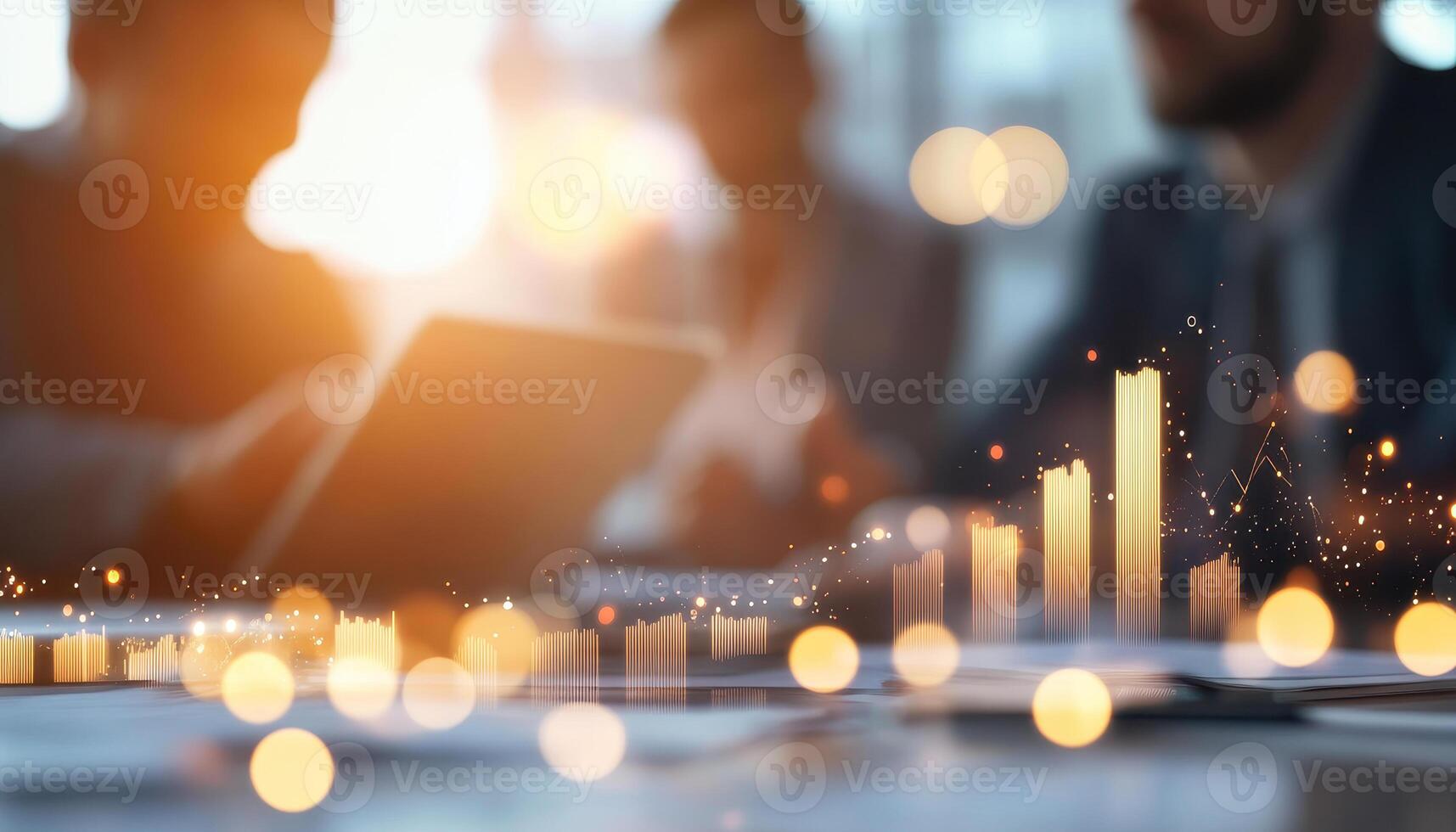 Collaborative workspace with colleagues discussing data analysis and trends, illuminated by warm light photo