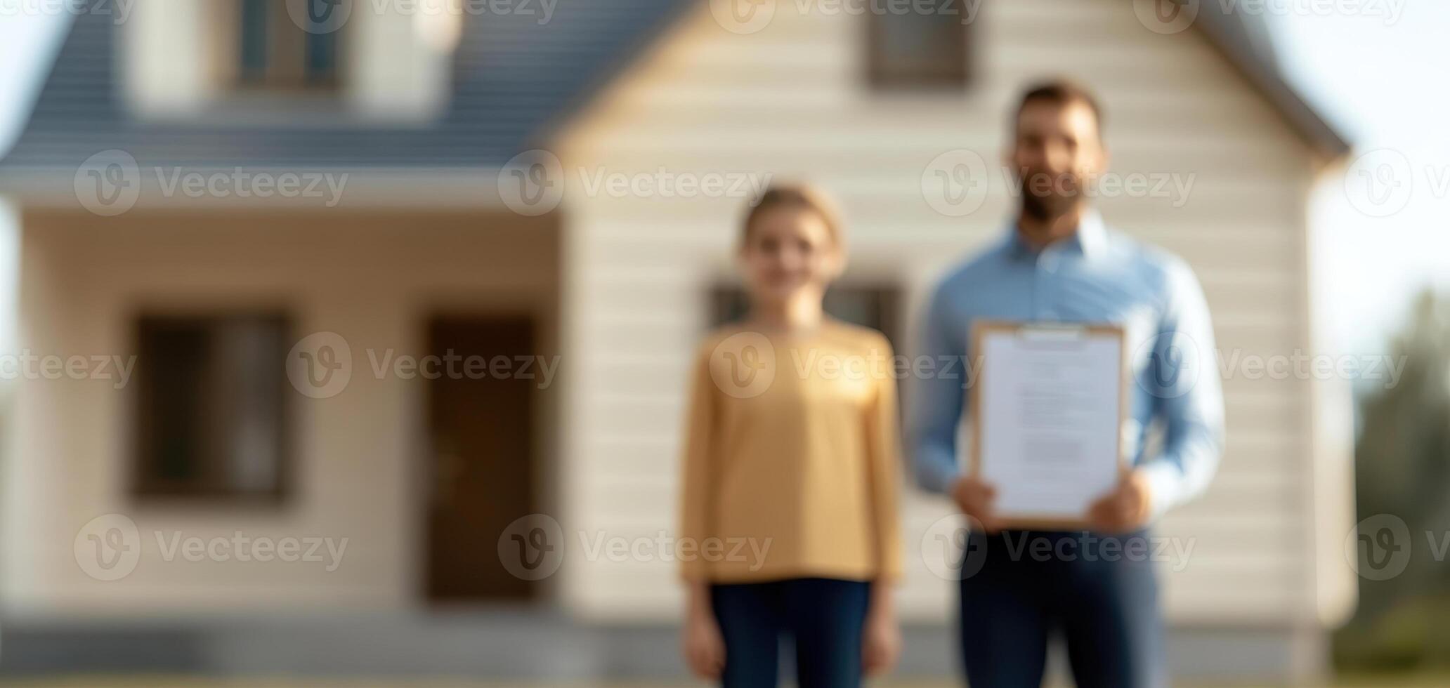 family stands proudly outside their new home, holding document photo