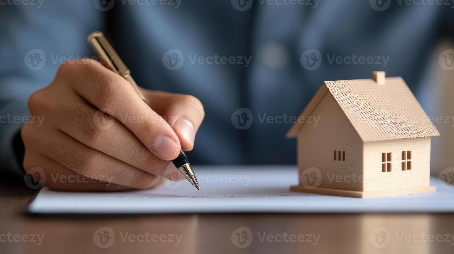 Close up of hands signing property insurance document with model house, symbolizing home ownership and security photo