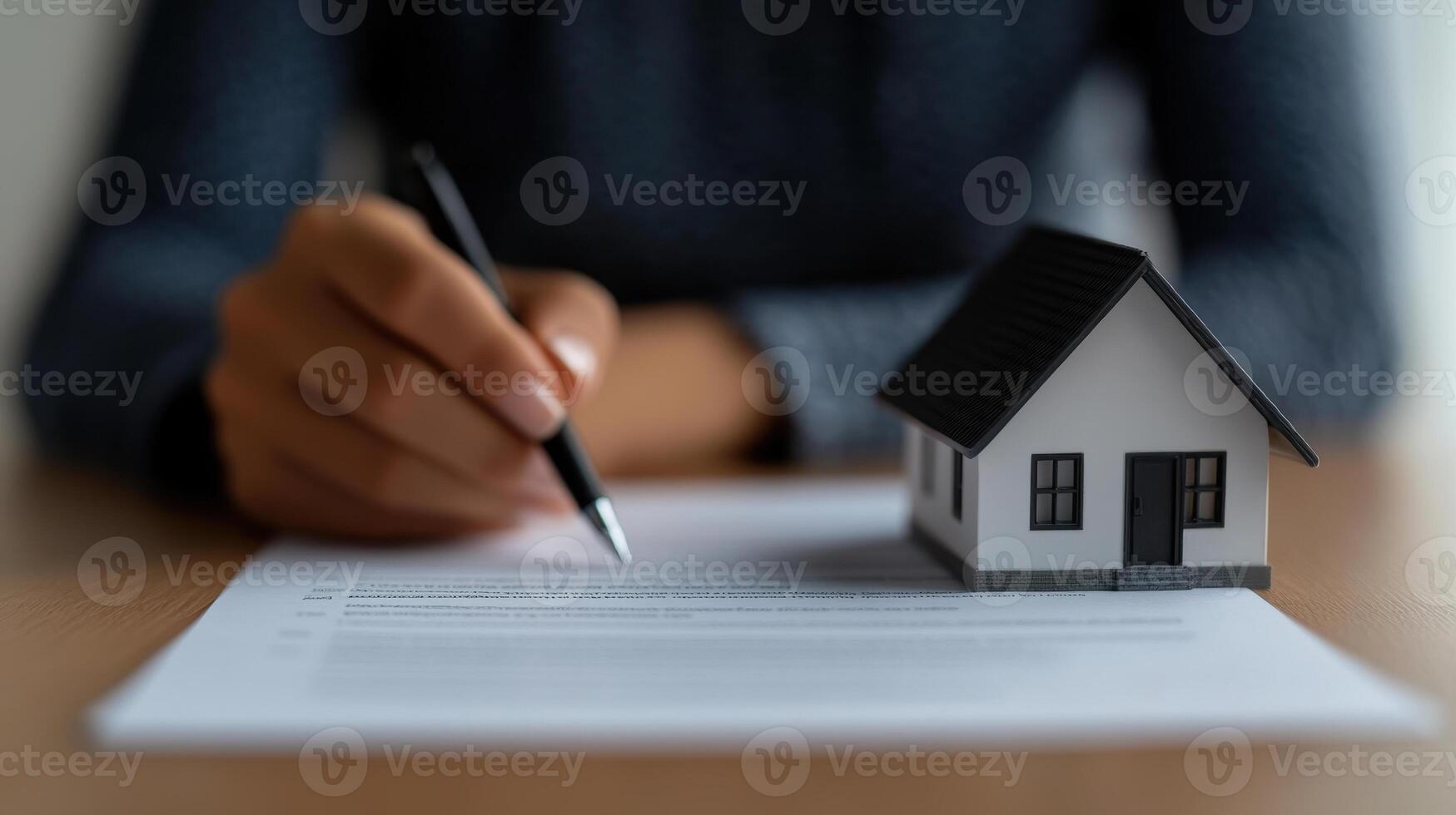close up of hands signing property insurance policy with model house nearby, symbolizing home protection and security photo
