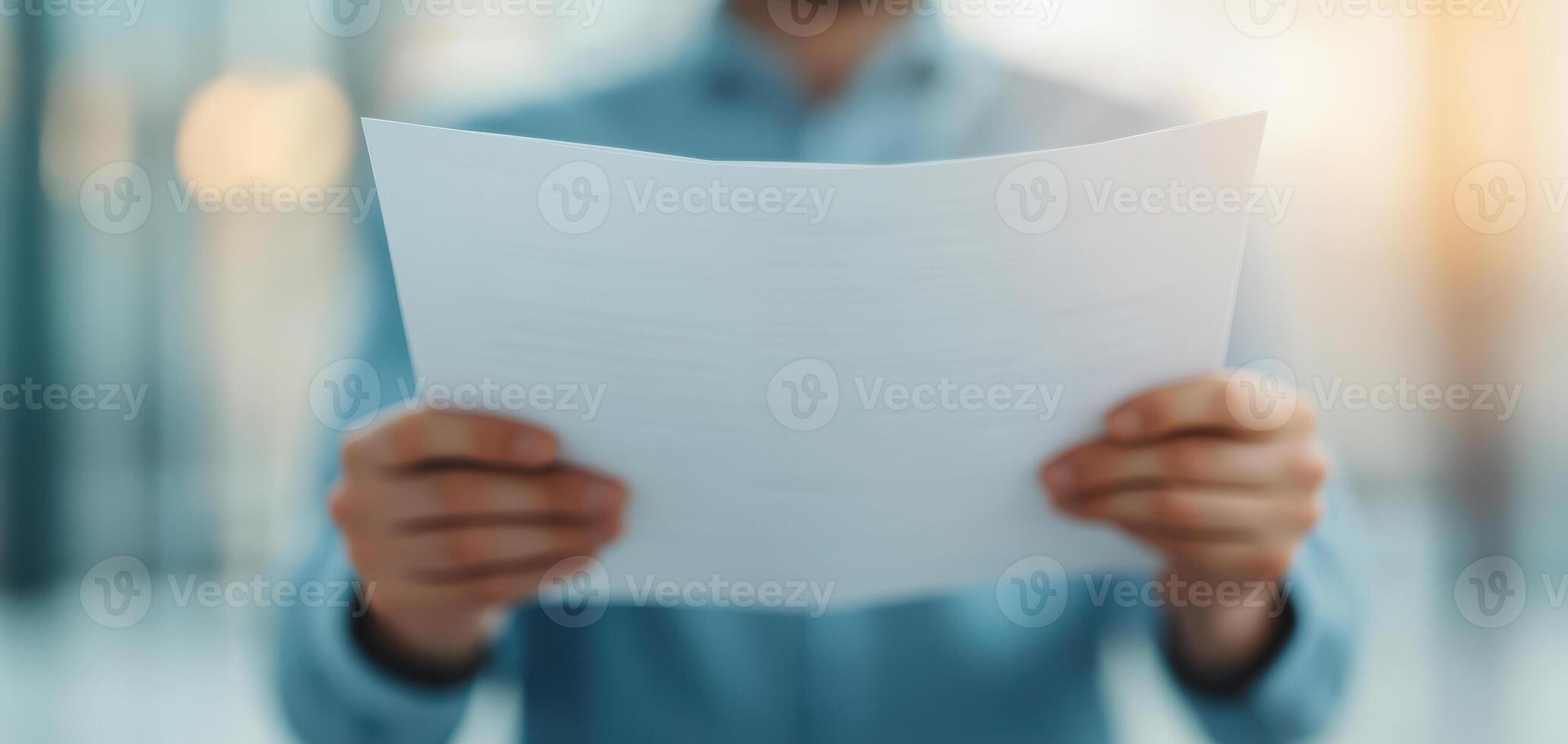 Close up of hands holding document, showcasing focus and clarity in professional setting photo