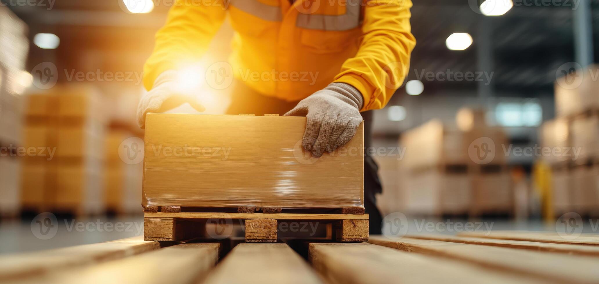 worker stacking pallets in warehouse, showcasing efficiency and organization photo