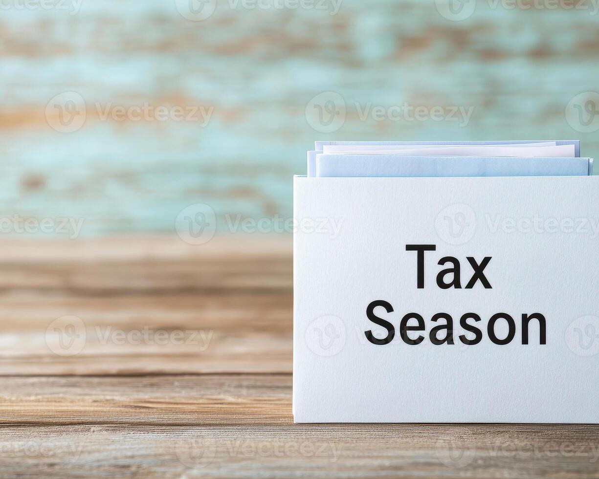 Organizing expense receipts in folder labeled Tax Season evokes sense of preparation and focus photo