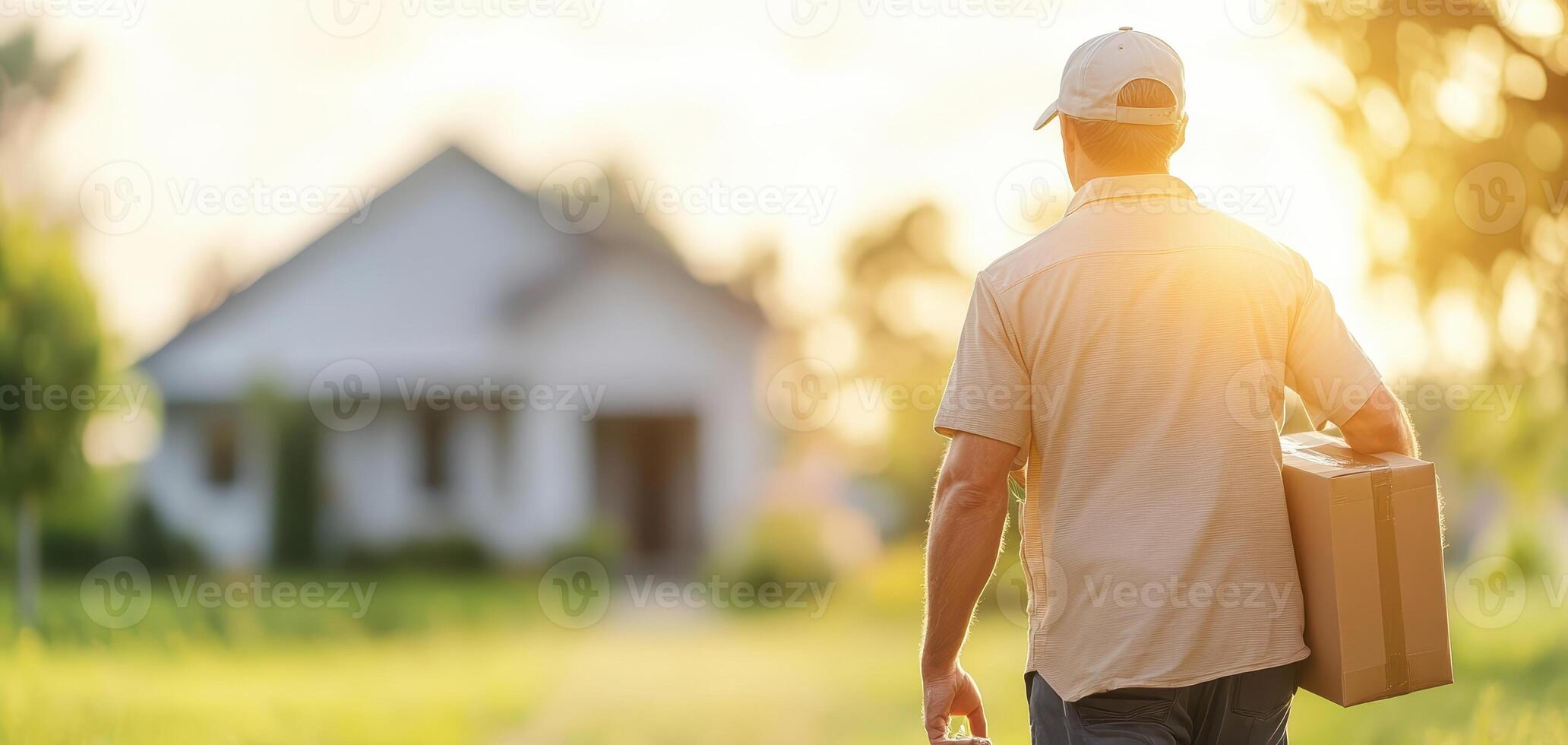 delivery driver approaches house carrying package, showcasing dedication and service photo