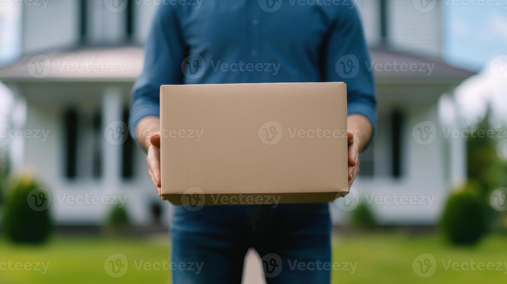 delivery person holding package in front of house on sunny day photo