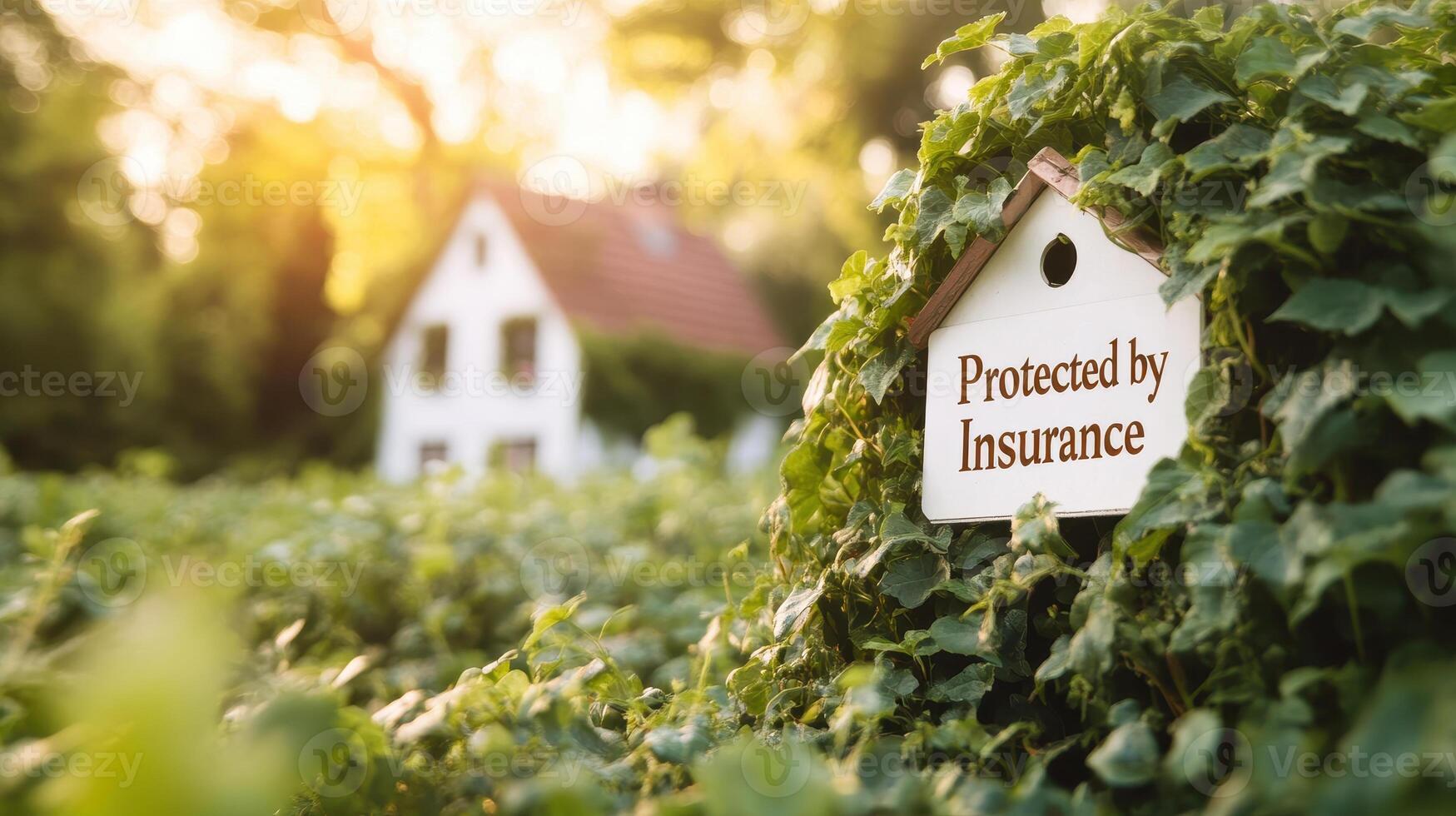 House surrounded by greenery with sign reading Protected by Insurance evokes sense of security and tranquility in nature photo